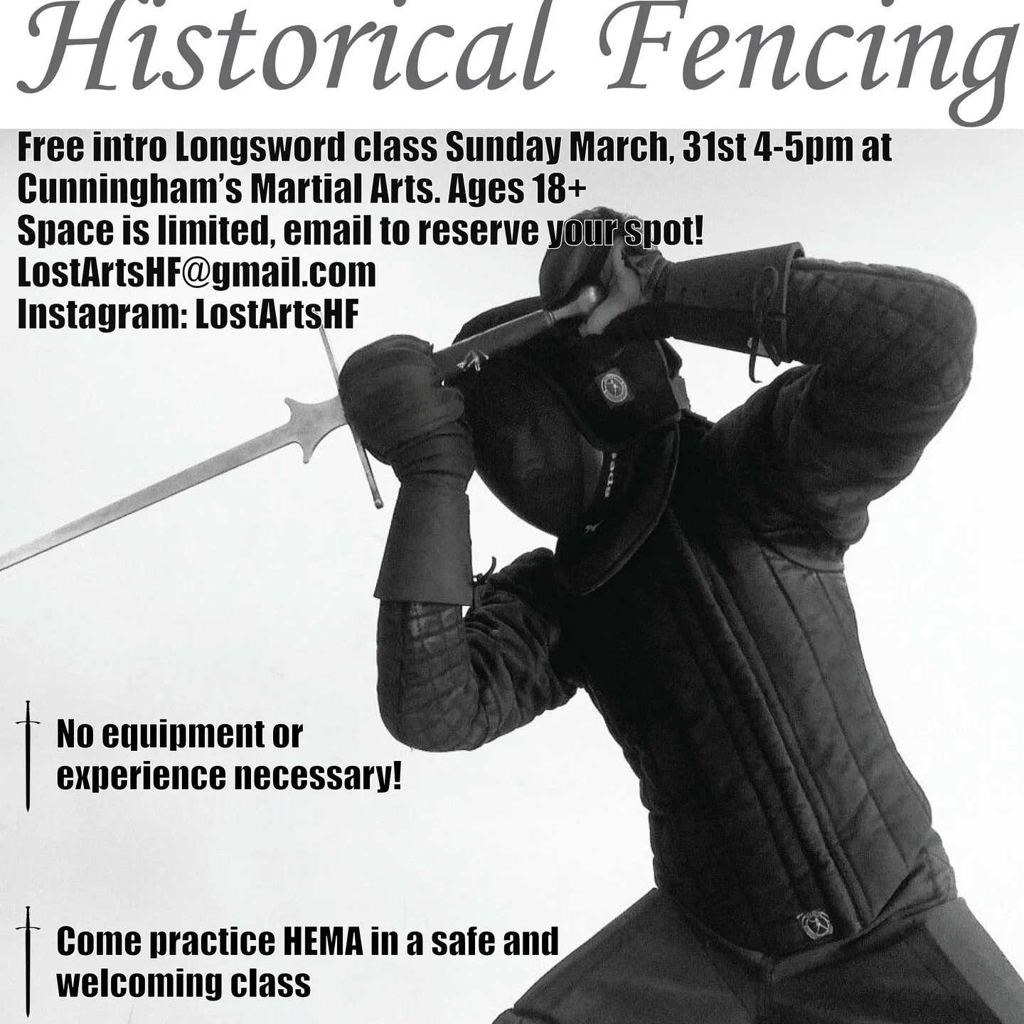 We have a free intro day on March 31st at Cunningham's Martial Arts from 4-5pm.
Come learn HEMA in a safe and welcoming environment!
#bozeman #martialarts #hema #longsword #montana