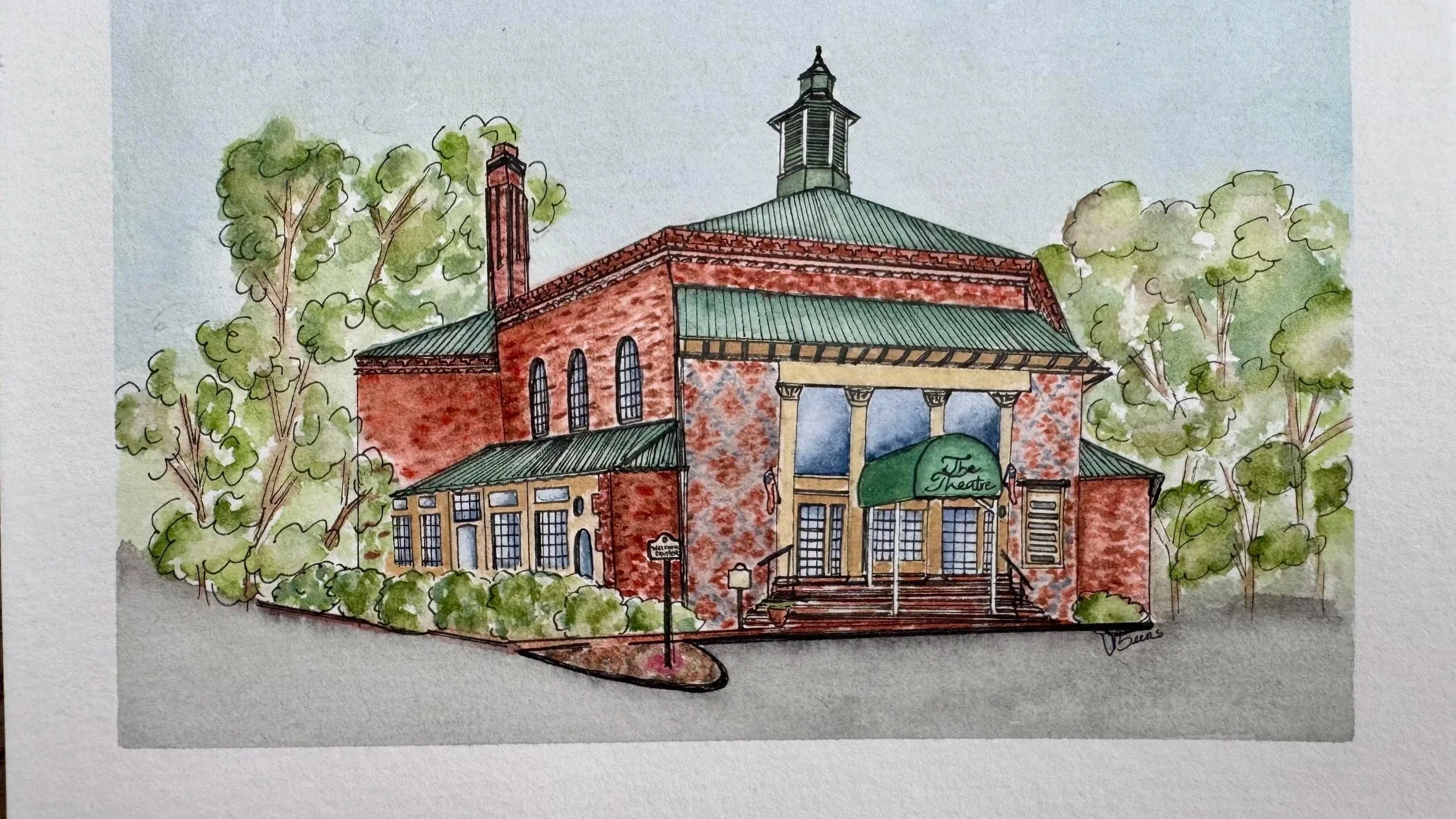 Watercolor illustration of a historic theater building with brick walls, green roofing, and a porch. Surrounding trees and a clear sky in the background.