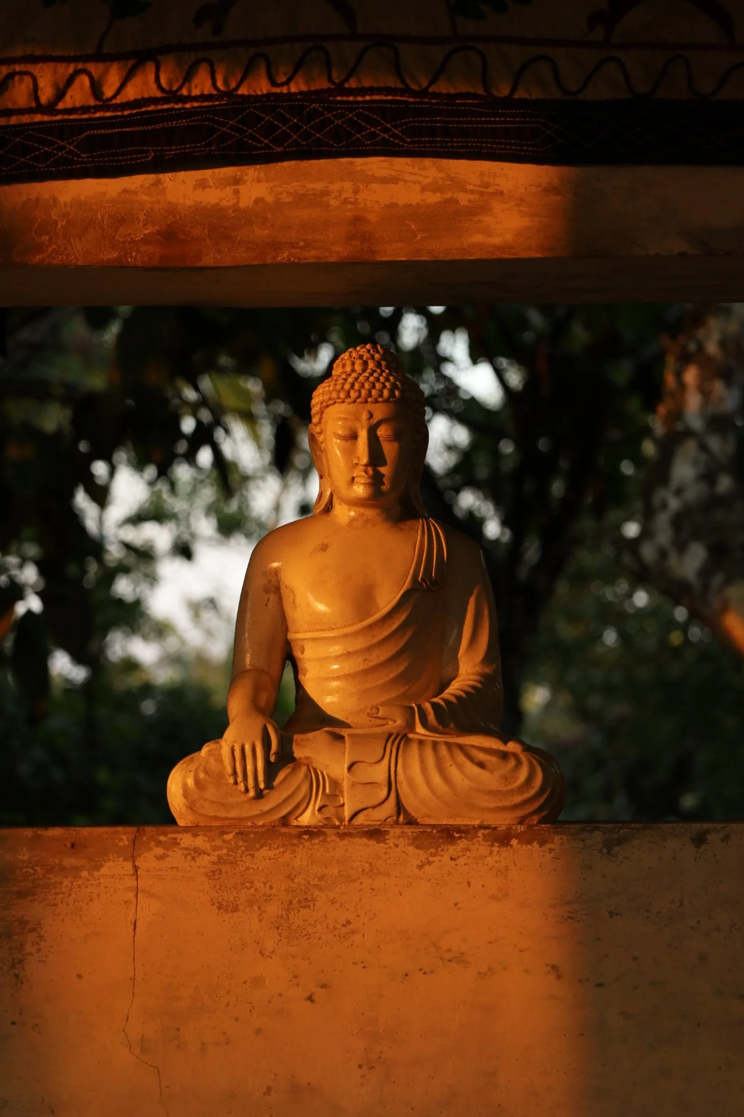 A golden Buddha statue in a seated meditation posture, illuminated by warm light, with trees in the background.