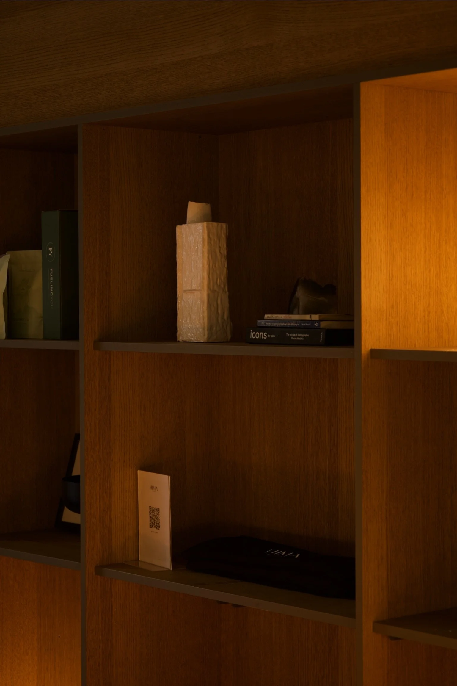 Wooden shelving unit with decorative items including books and stone sculptures.