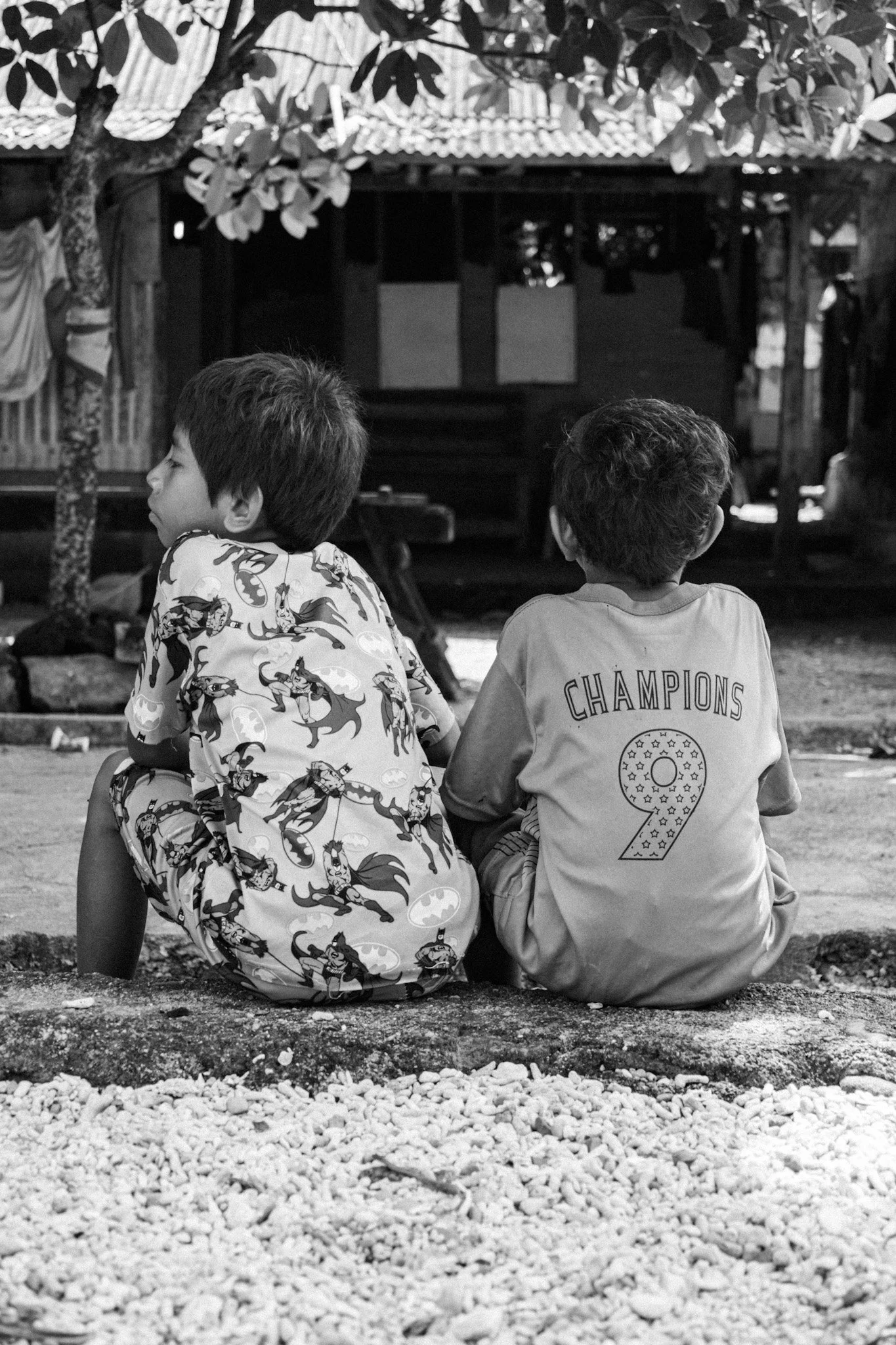 Two young boys sitting on a ledge outside, facing away from the camera, under a tree with a rustic wooden house in the background.