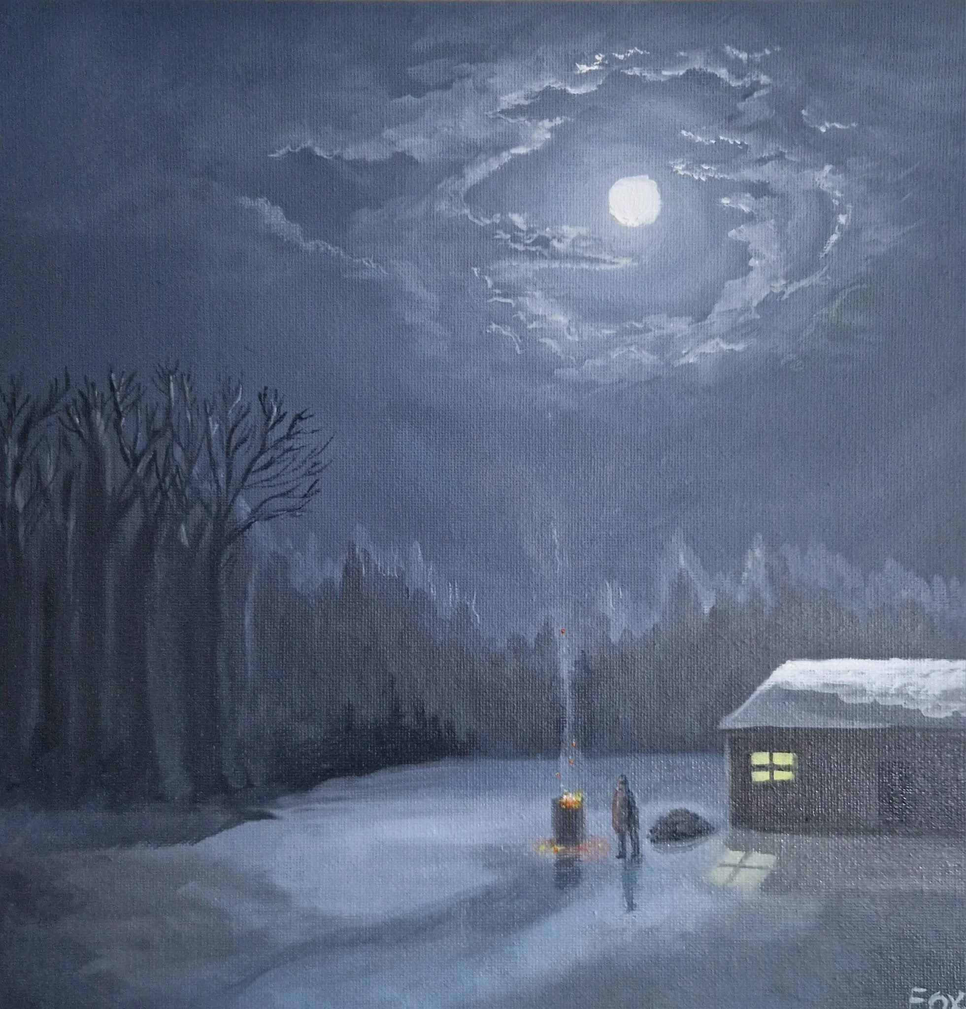 A painting of a winter night scene with the moon and clouds in the sky. A bare tree, a small house with a lit window, and a person standing near a lit candle or small fire in the snow.