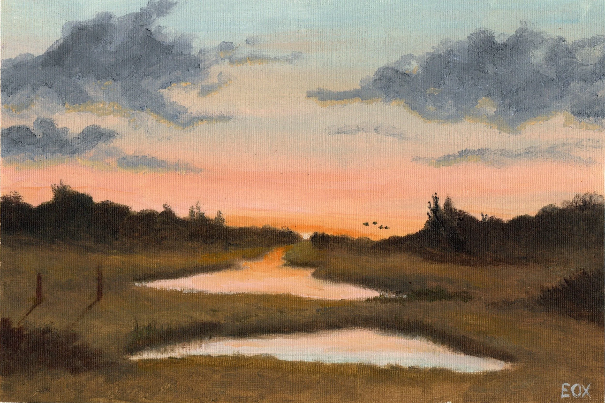 A painting of a sunset over a landscape with a small river flowing through grassy fields, cloudy sky with shades of pink, orange, and gray, and dark silhouettes of trees on either side.