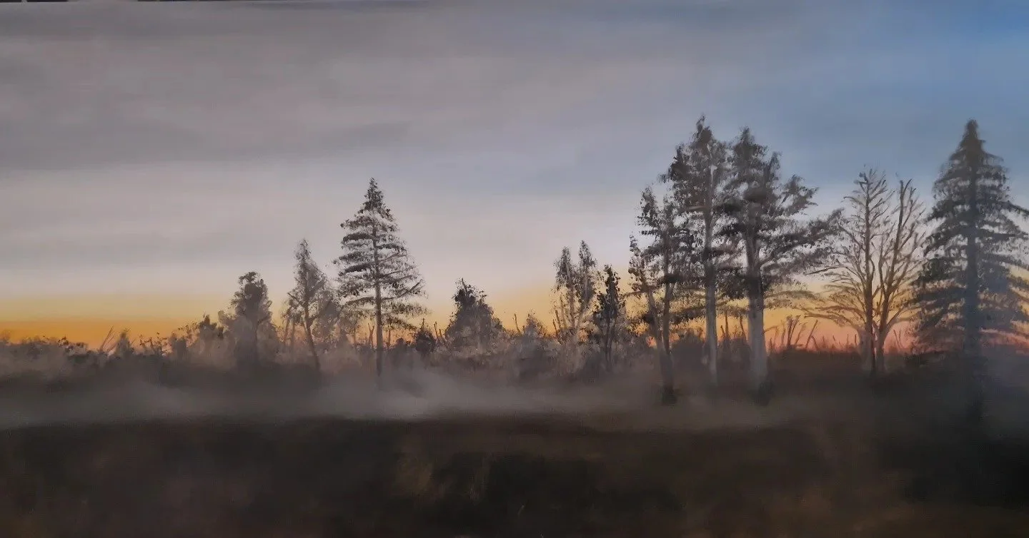 A landscape view of a forest at dawn or dusk with bare trees and a misty atmosphere, with the sky showing a gradient of colors from orange to blue.