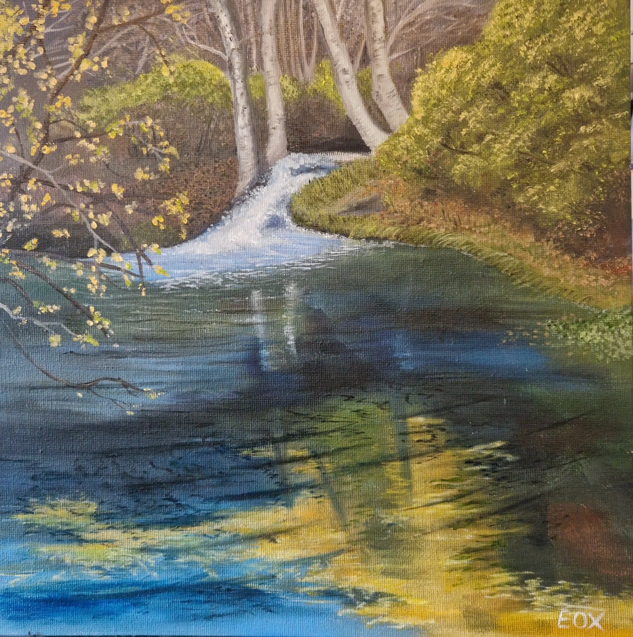 A painting of a river with green bushes and trees on the right side and larger trees at the top of the painting, with a small waterfall in the middle. The water reflects the sky and surrounding foliage.