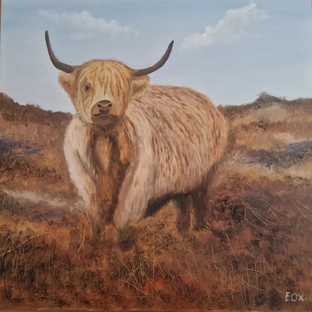 Painting of a Highland cow standing in a rural landscape with blue sky and clouds.