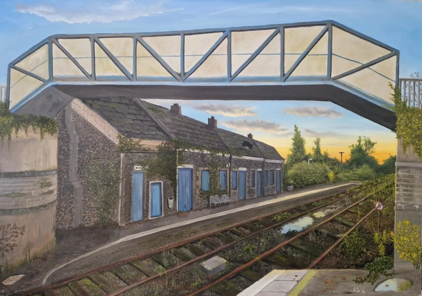 A mural depicting a bridge over a row of old stone houses next to a railroad track during sunset.