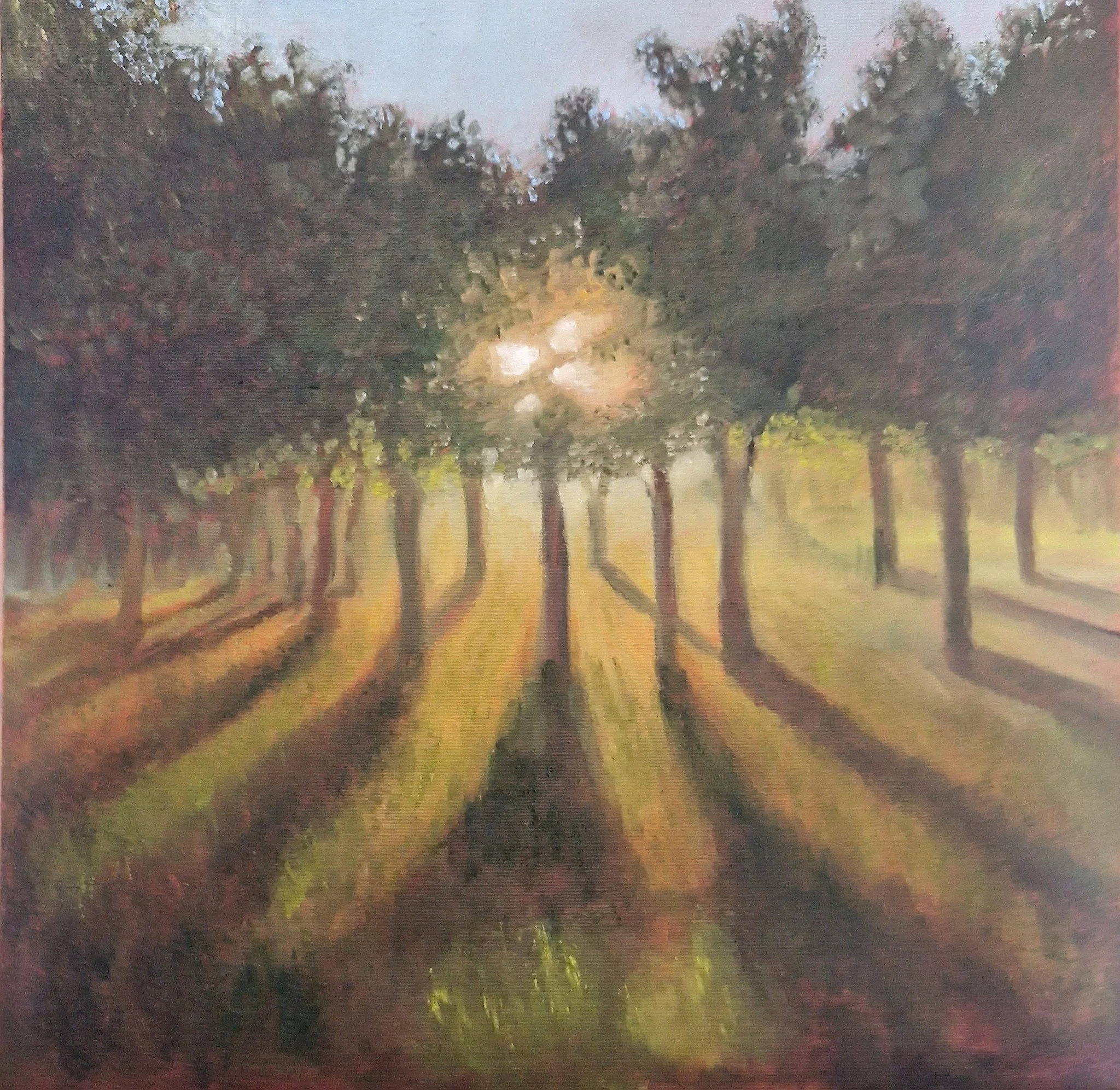 A painting of trees in a park or woodland area during sunset, with long shadows cast on the grass and sunlight filtering through the branches.
