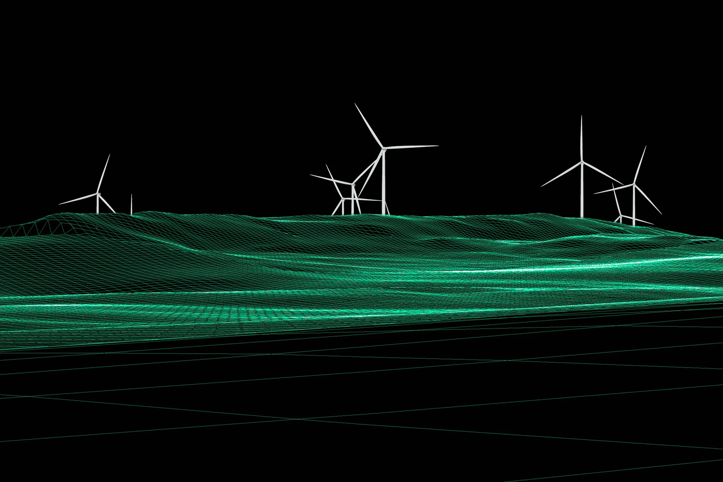 Digital illustration of wind turbines, on a green wireline