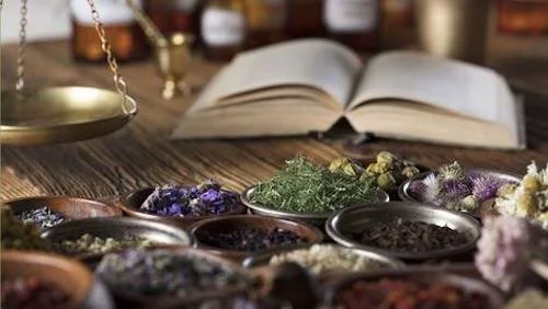 Open book on a wooden table surrounded by various dried herbs and flowers in small containers, with a brass balance scale in the background.