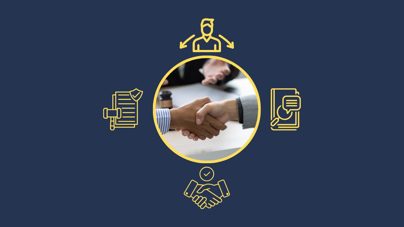 Handshake between two people centered in a graphical design with icons representing documents, a person, a magnifying glass on a document, and a checklist, all on a dark blue background.