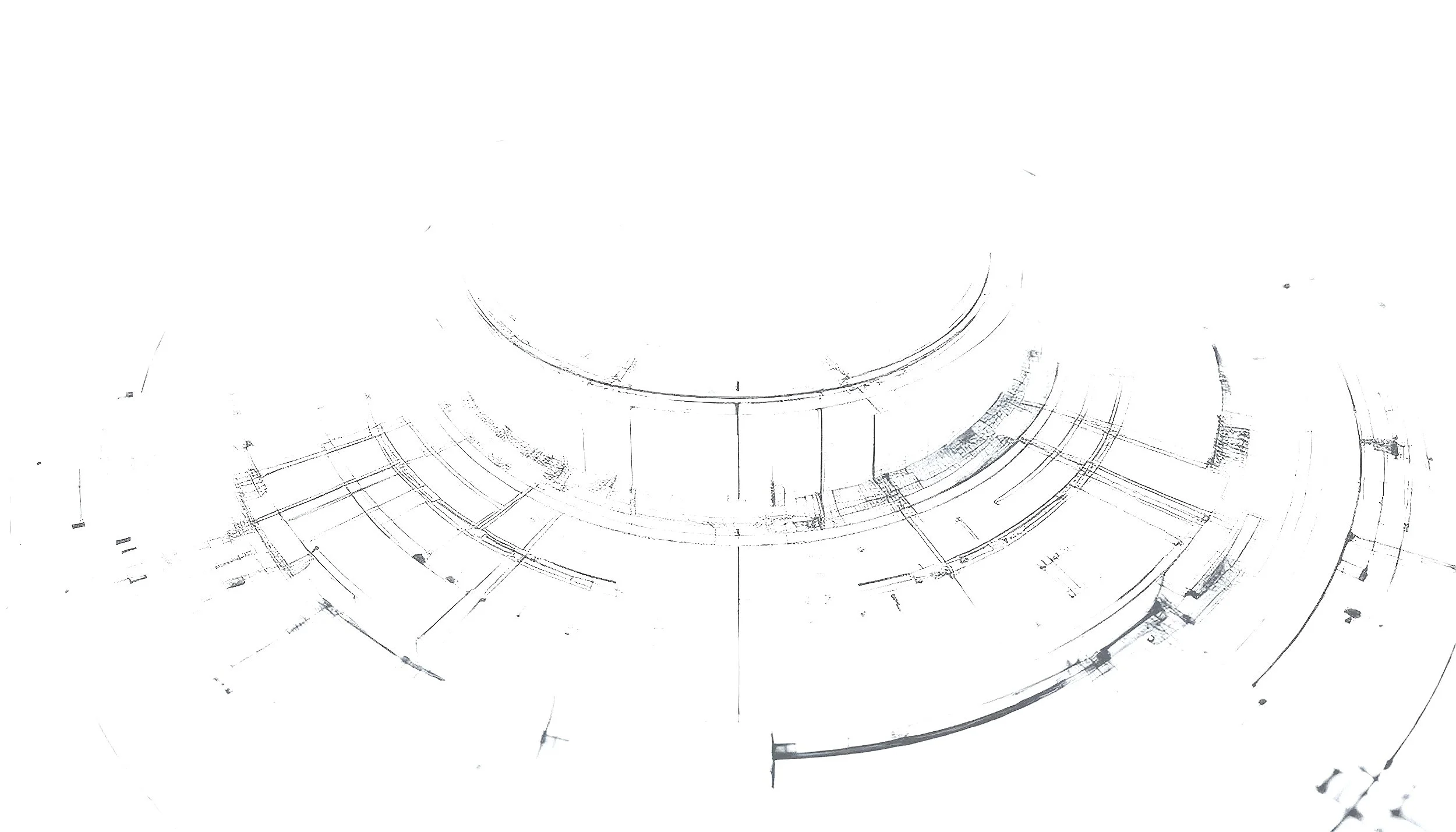 A digital sketch of concentric circular architectural plans, with multiple levels and sections, depicted with thin black lines on a white background.