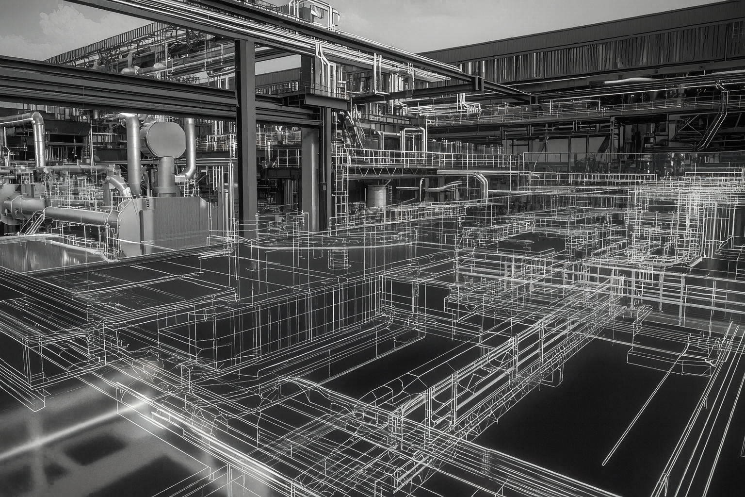 An industrial factory with complex piping and machinery, with a wireframe overlay showing the detailed structure of the equipment.