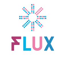 Flux logo featuring a starburst pattern of pink and blue dots above the word 'FLUX' in pink and blue letters.