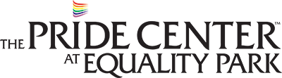 Logo of The Pride Center at Equality Park with rainbow flag