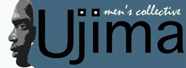 Logo with a stylized black and white portrait of a man's face on the left, and the text 'Ujima men's collective' in black and white on the right.