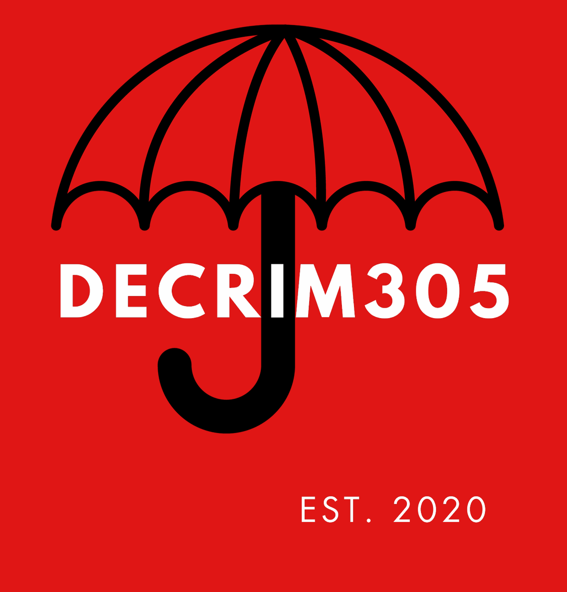 Red background with black umbrella and white text that reads 'DECRIM305' and 'EST. 2020'.