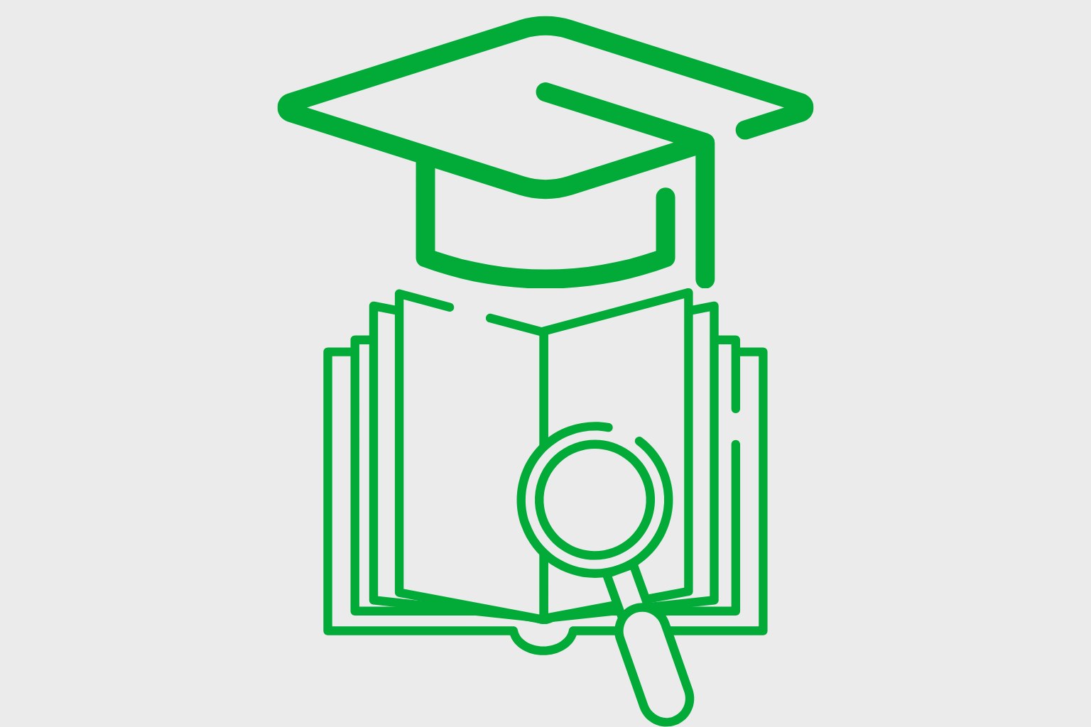 Illustration. Eine Absolventenkappe über einem Buch und einer Lupe als Symbol für wissenschaftliches Arbeiten..