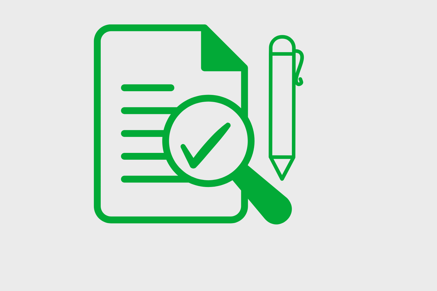 Illustration. Ein Stift liegt neben einem Dokument, auf dem eine Lupe ein Häkchen vergrößert. Die Illustration symbolisiert hier Lektorat und Korrektorat.