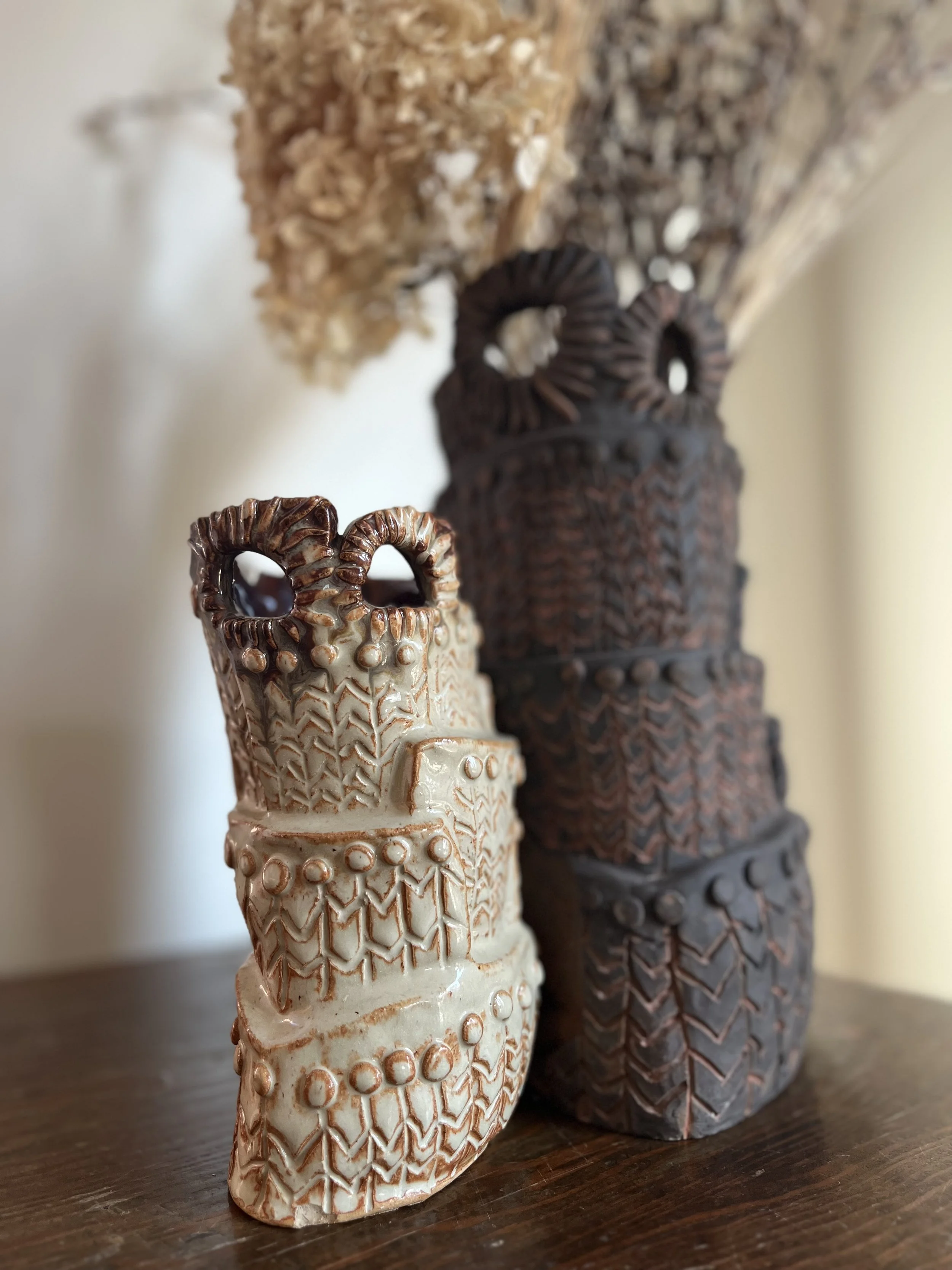 owl Lady lineage vessels 2022/2024
hand built stoneware , glaze , rutile
8"/12"