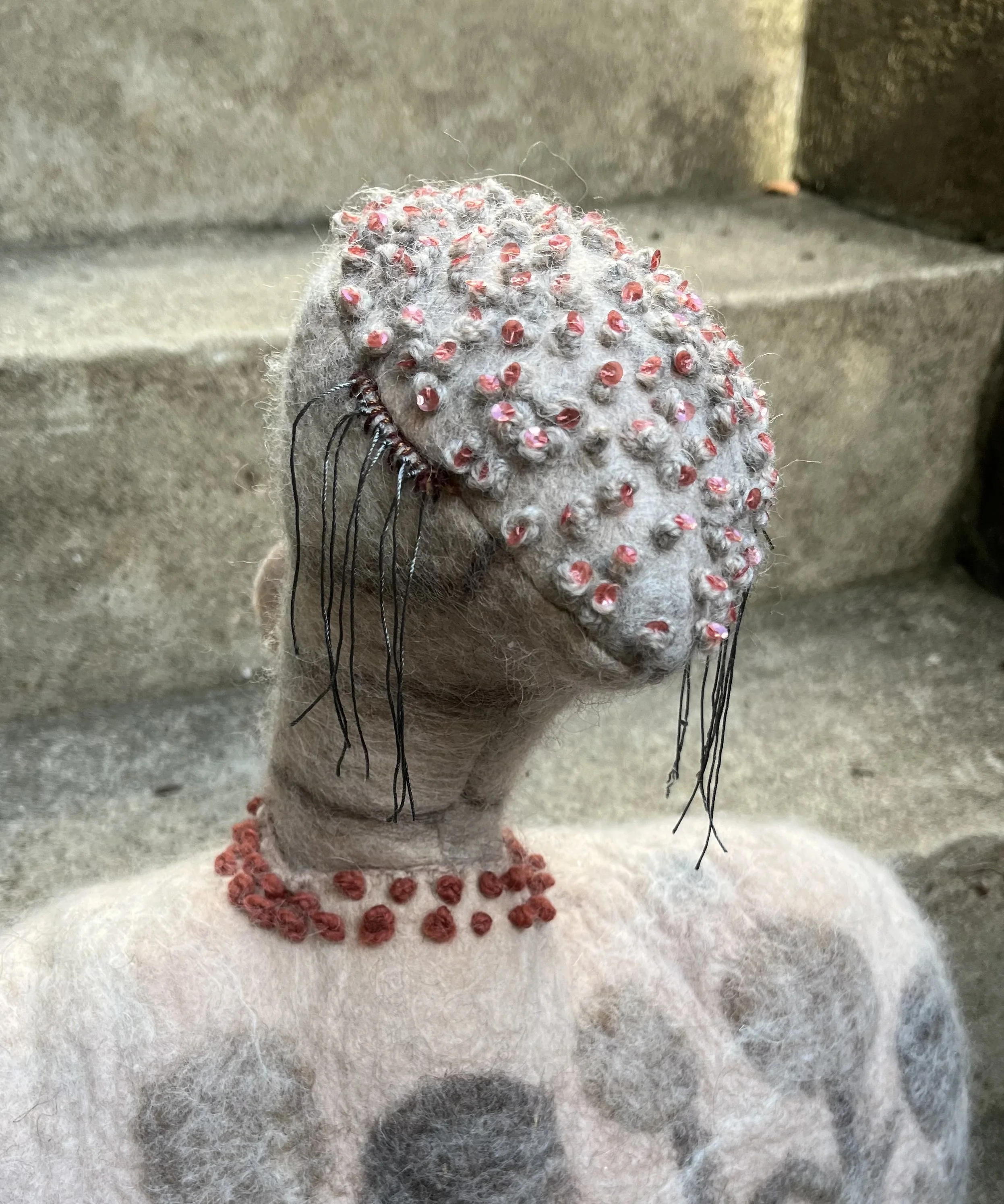 Vulture Lady 2023
Wet felted and stitched wool, sequins
18"x14"x4"