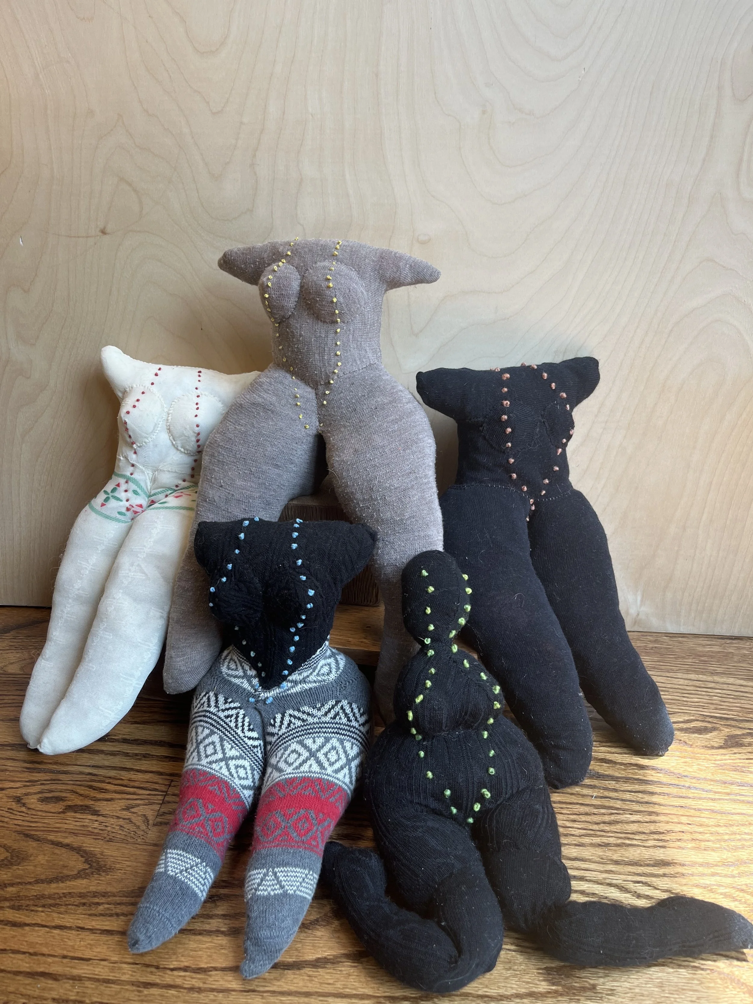 sacred embodiment series (ongoing)
recycled footwear, wool, hand stitching in cotton and silk
each @ 13"x7"x4"