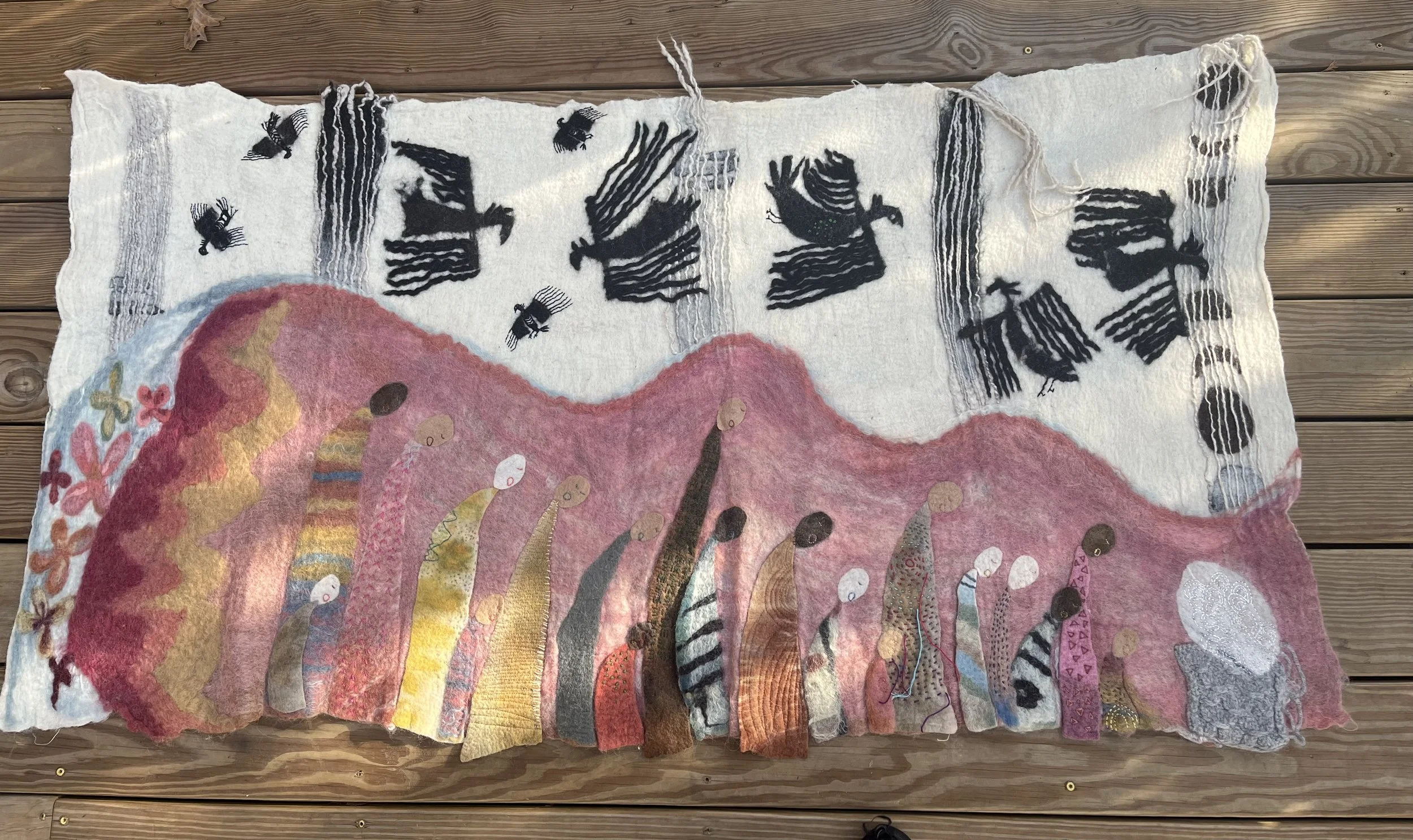 Future Ancestors regeneration Song 2023
plant dyed wool, hand spun, sprang and wet felted
hand stitching in cotton
30'x58'