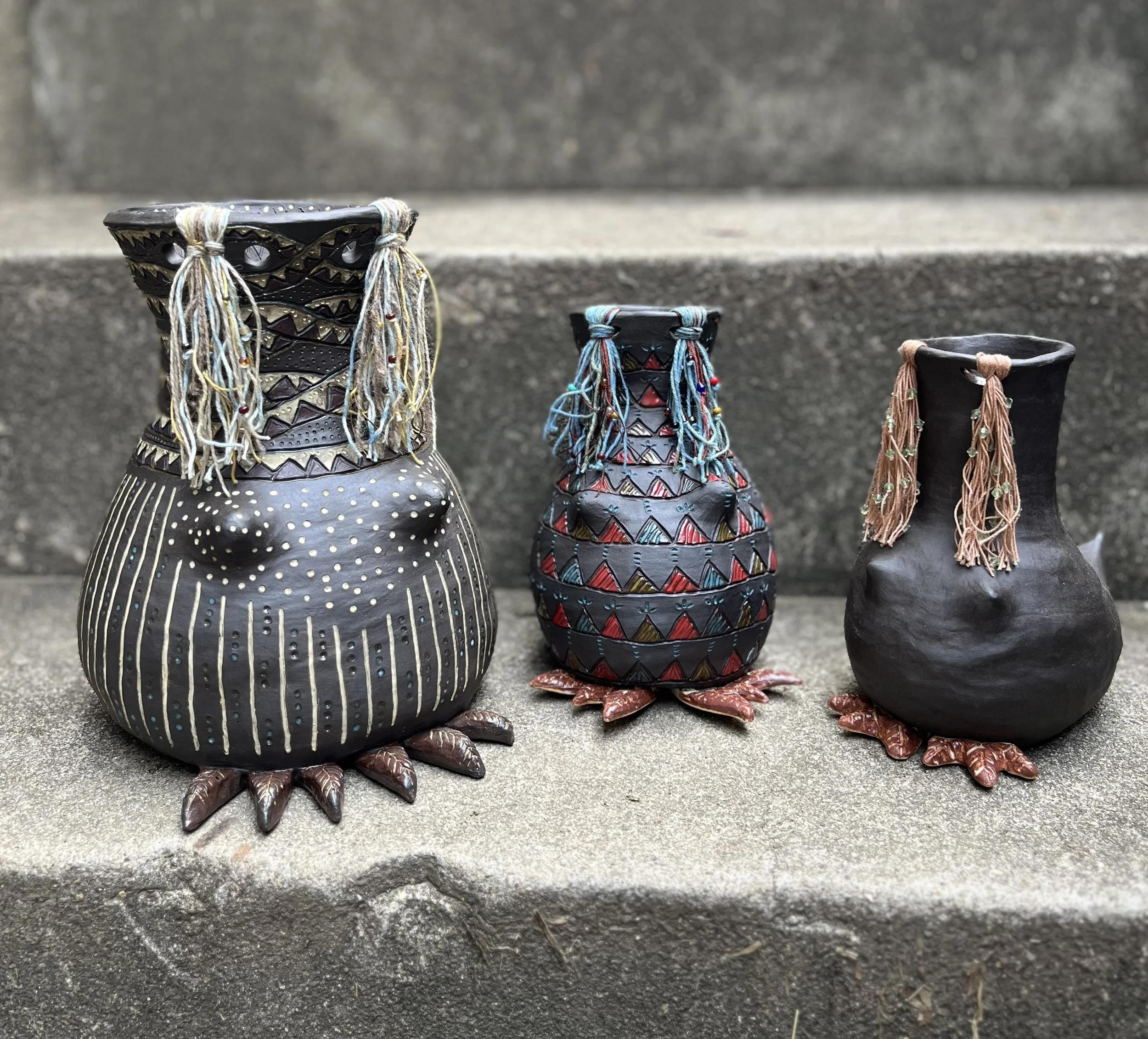Bird Lady Grief Vessels
(maiden, mother ,crone) 2025
handbill stoneware, plant dyed yarn, glass beads
10", 7", 6"