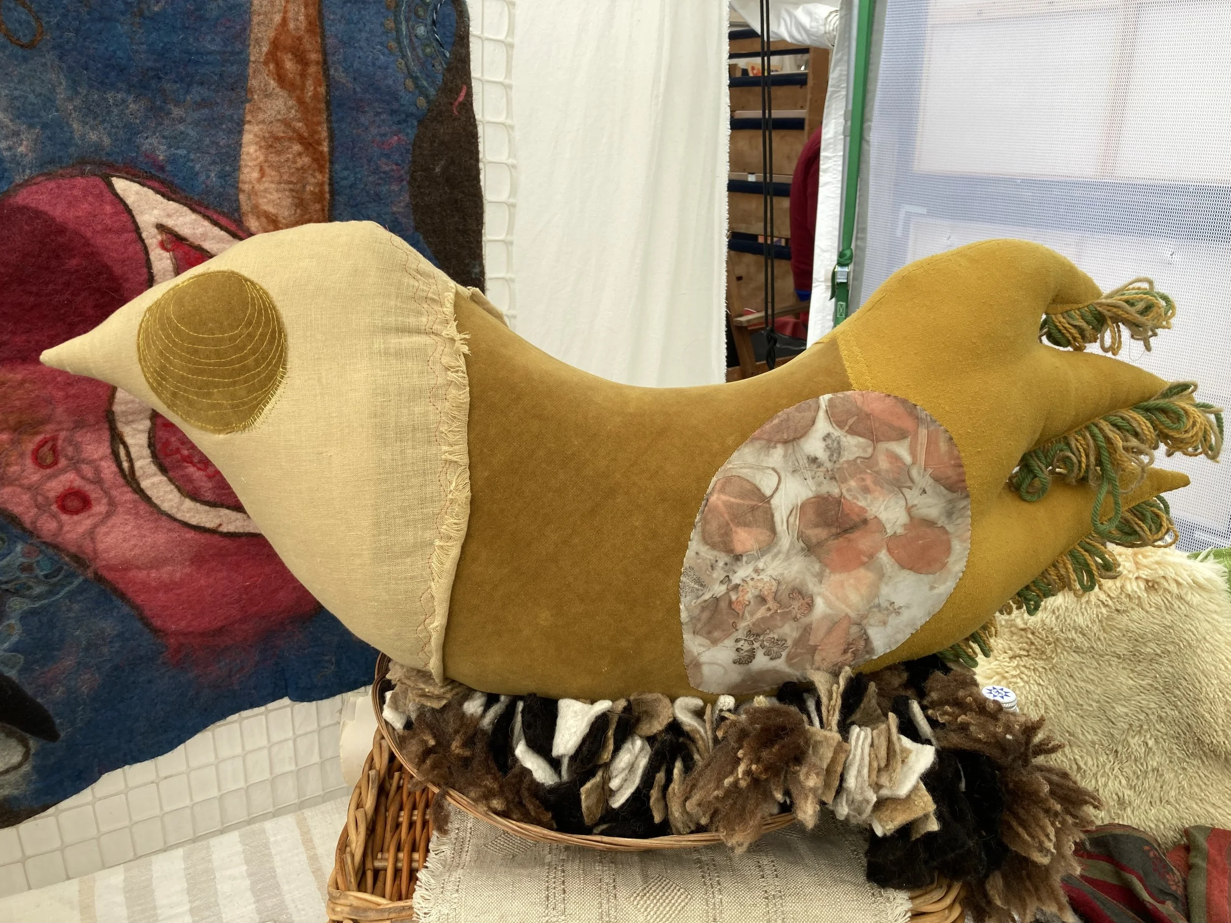 Egg bird Lady 2021
plant dyed and botanically printed linen, silk. and recycled textile, wool yarn
30'x15'x4"