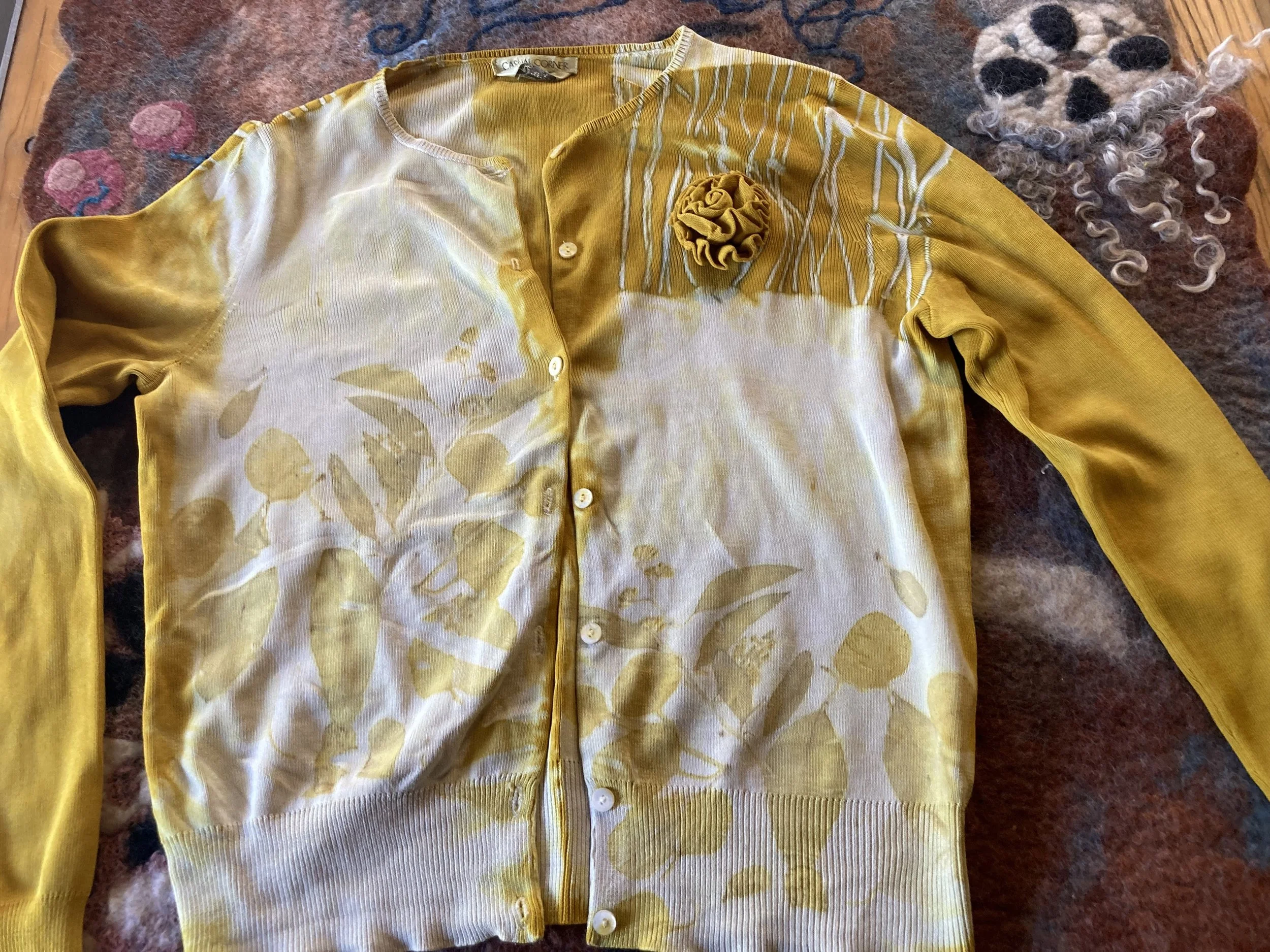 up cycle sweater 2022
silk sweater botanically printed and shibori dyed- eucalyptus and Osage Orange
