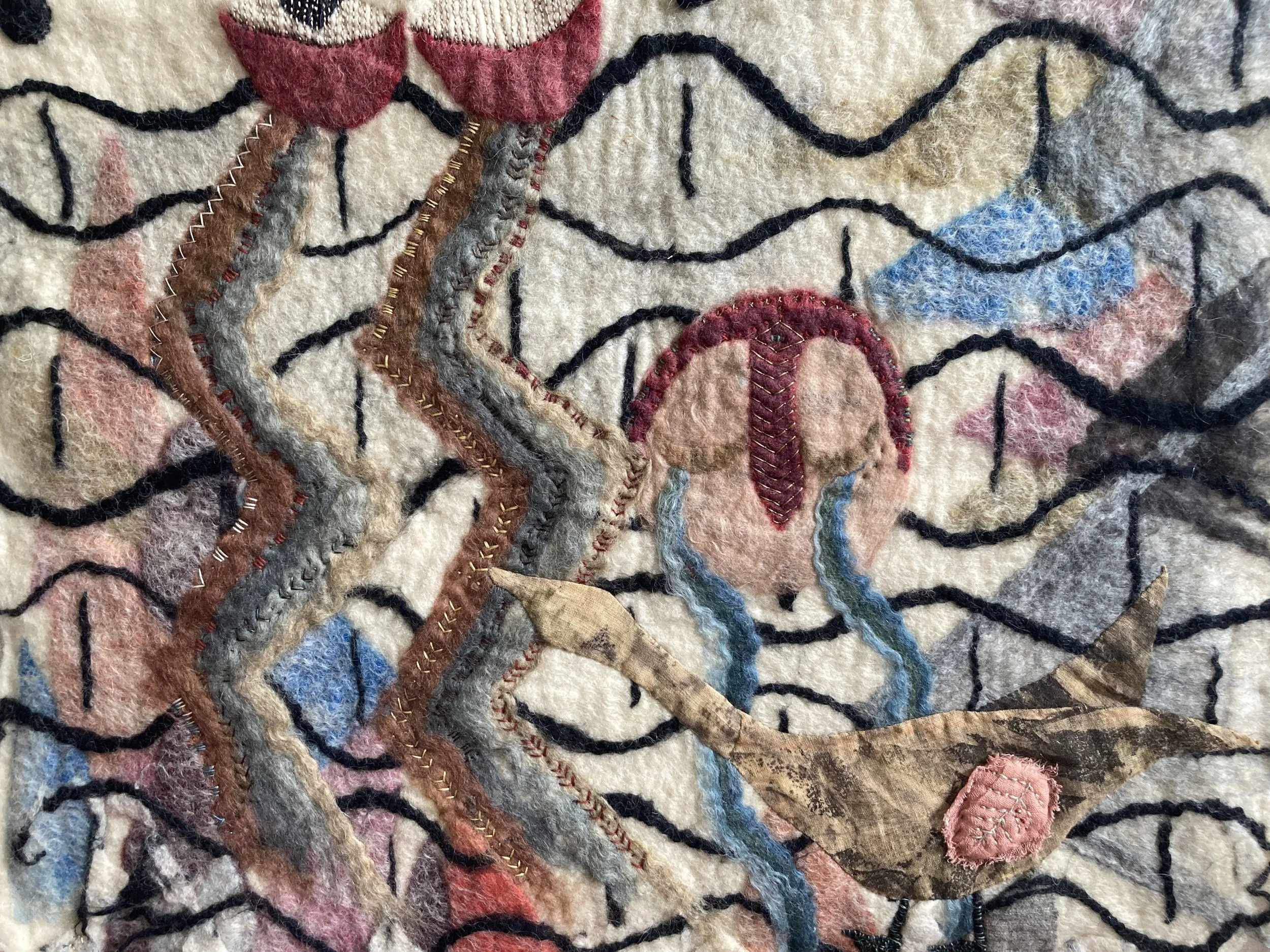 Salt tears is a necessary nutrient 2023
plant dyed wool wet felted
botanically printed linen applique
hand stitching in sil, cotton and linen
28'x27'