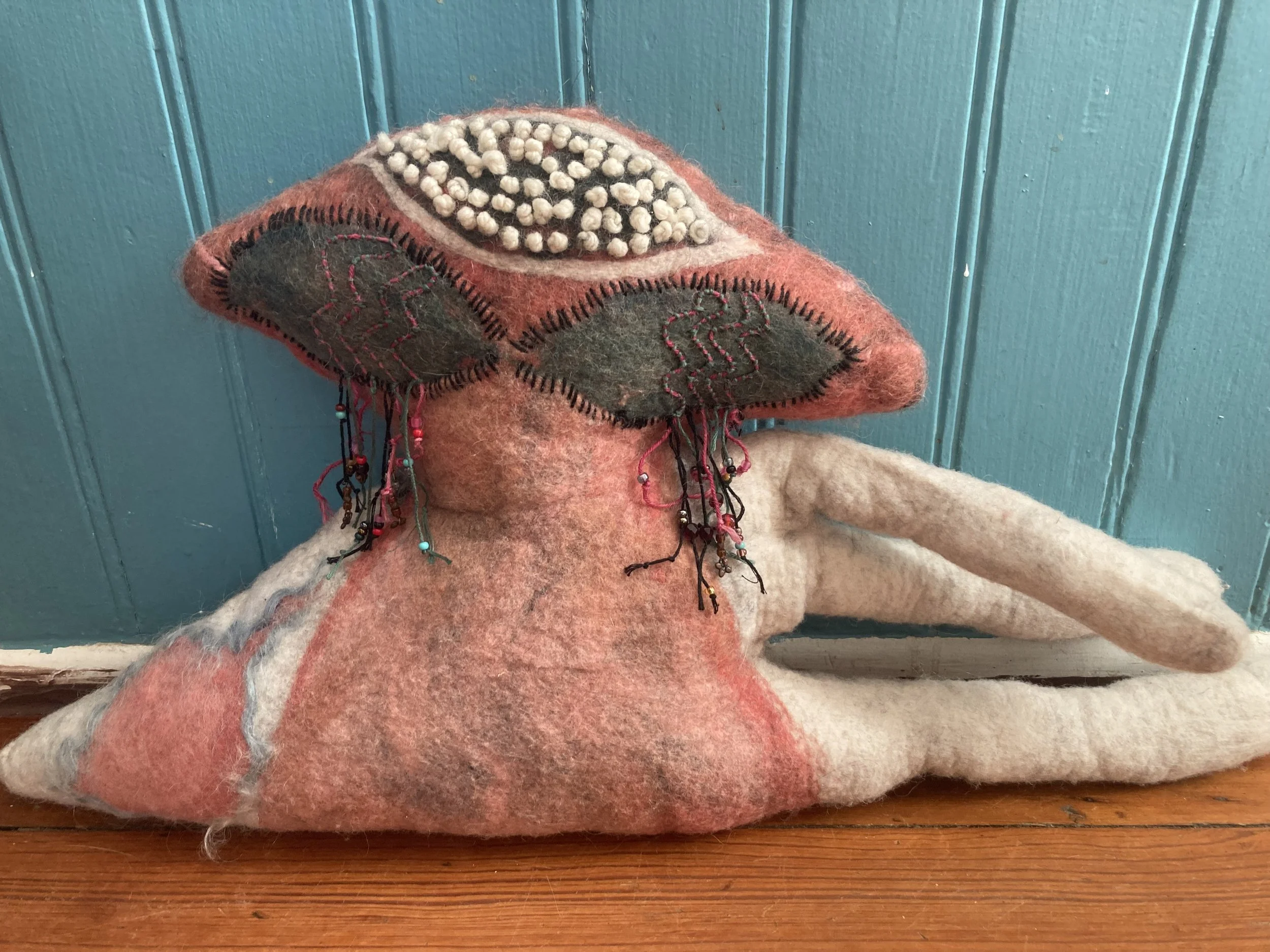 Carpet Spirit 2022
plant dyed wet felted wool
hand stitching in cotton, silk and wool
glass beads
24"x14"x3"