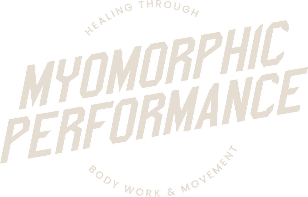 Text reading 'Healing Through Myomorphic Performance' with additional text 'Body Work & Movement' on a black background.