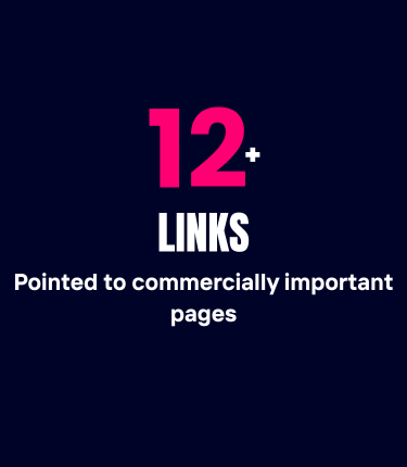 Graphic with pink and white text on a dark background, stating '12+ LINKS Pointed to commercially important pages'.