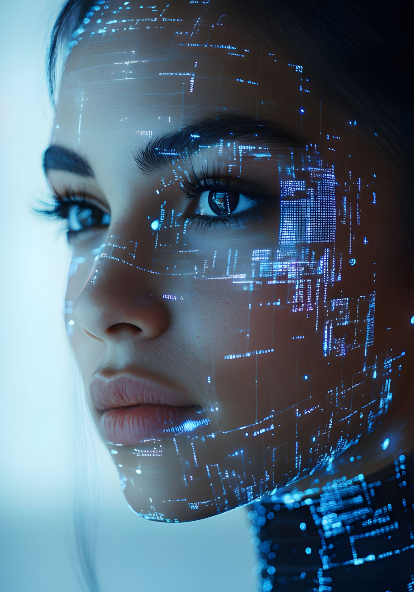 A woman with makeup and long eyelashes has a digital, holographic overlay of blue circuit-like patterns on her face, giving a futuristic, cybernetic appearance.