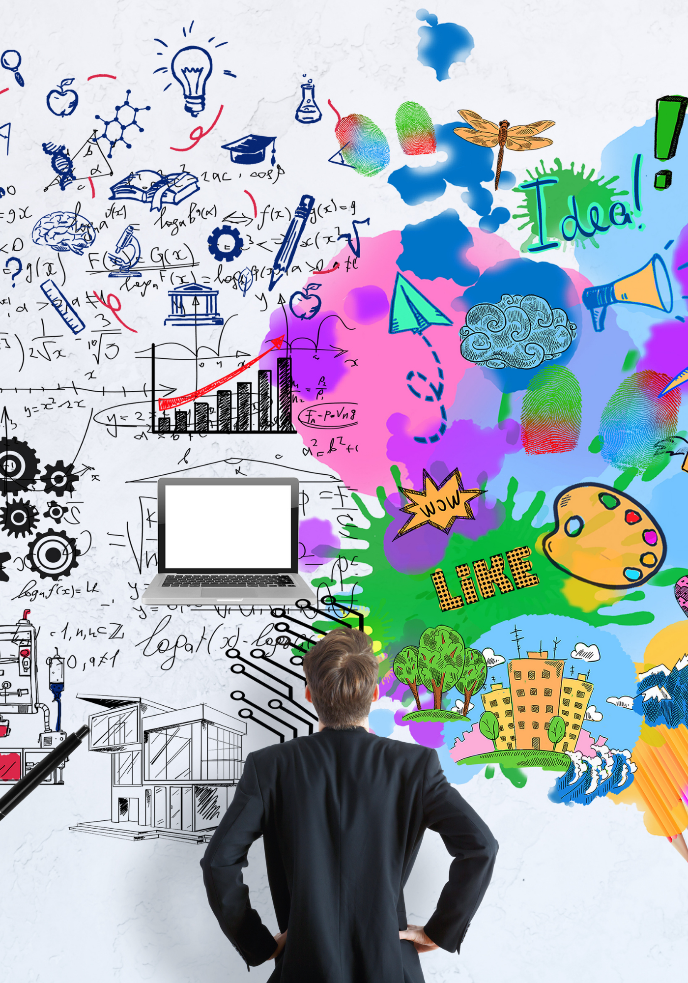 A man in a suit stands in front of a large wall filled with sketches, diagrams, and colorful doodles representing ideas, science, technology, nature, and creativity.
