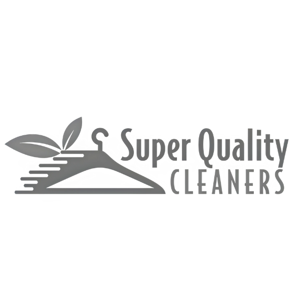 Logo of Super Quality Cleaners featuring a cleaning tool with three leaves and the company name in gray and black text.