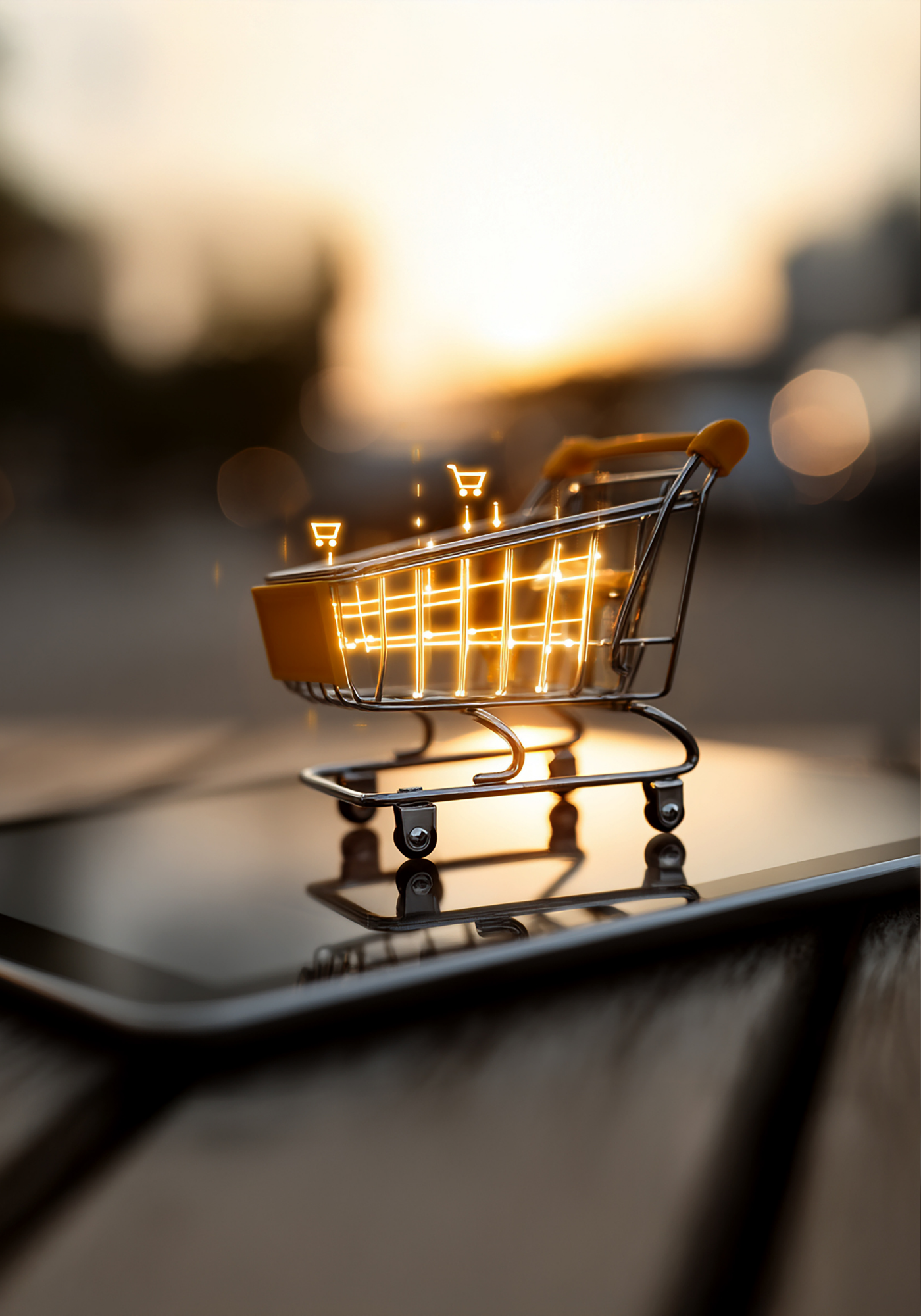 Miniature shopping cart with illuminated glowing outline placed on a reflective surface during sunset, with blurred background.