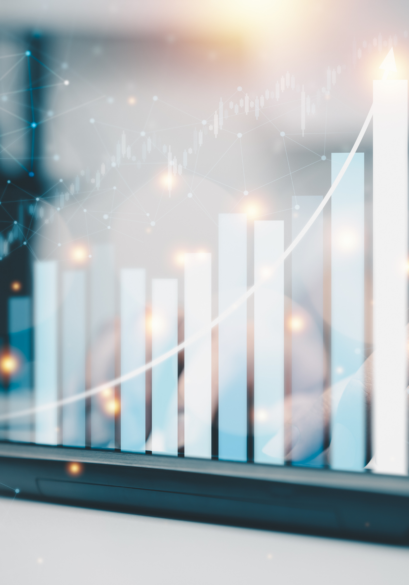A digital illustration of a rising trend line over a bar chart, symbolizing growth and financial progress, with abstract network graphics in the background.