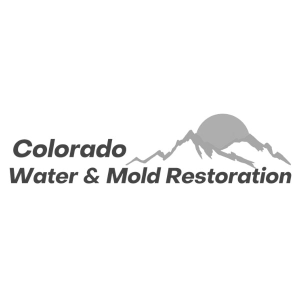 Logo for Colorado Water & Mold Restoration featuring a mountain with a sun or moon behind it, and the company's name in black and gray text.