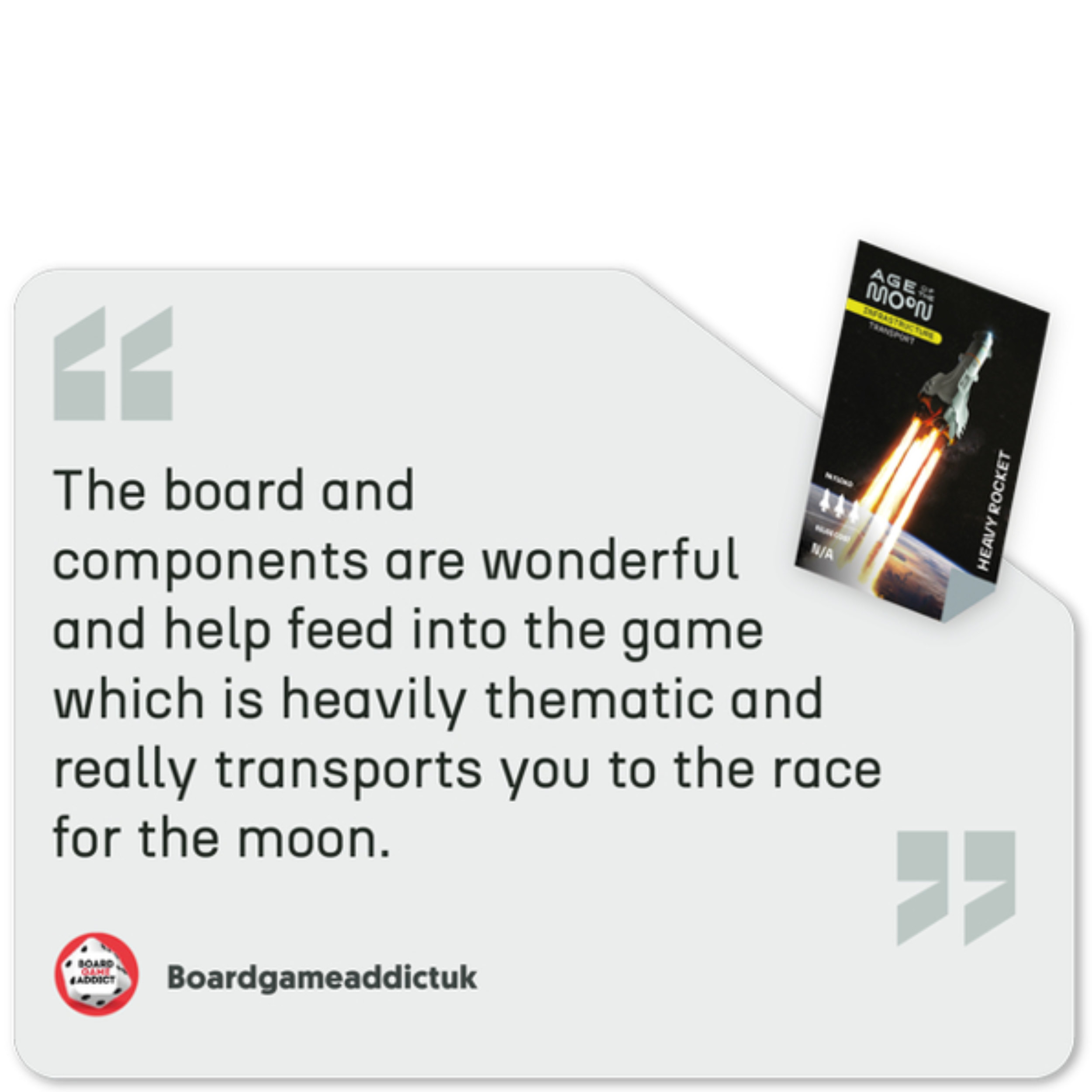 Quote about a space-themed card game, with a picture of a rocket and Earth in the background.