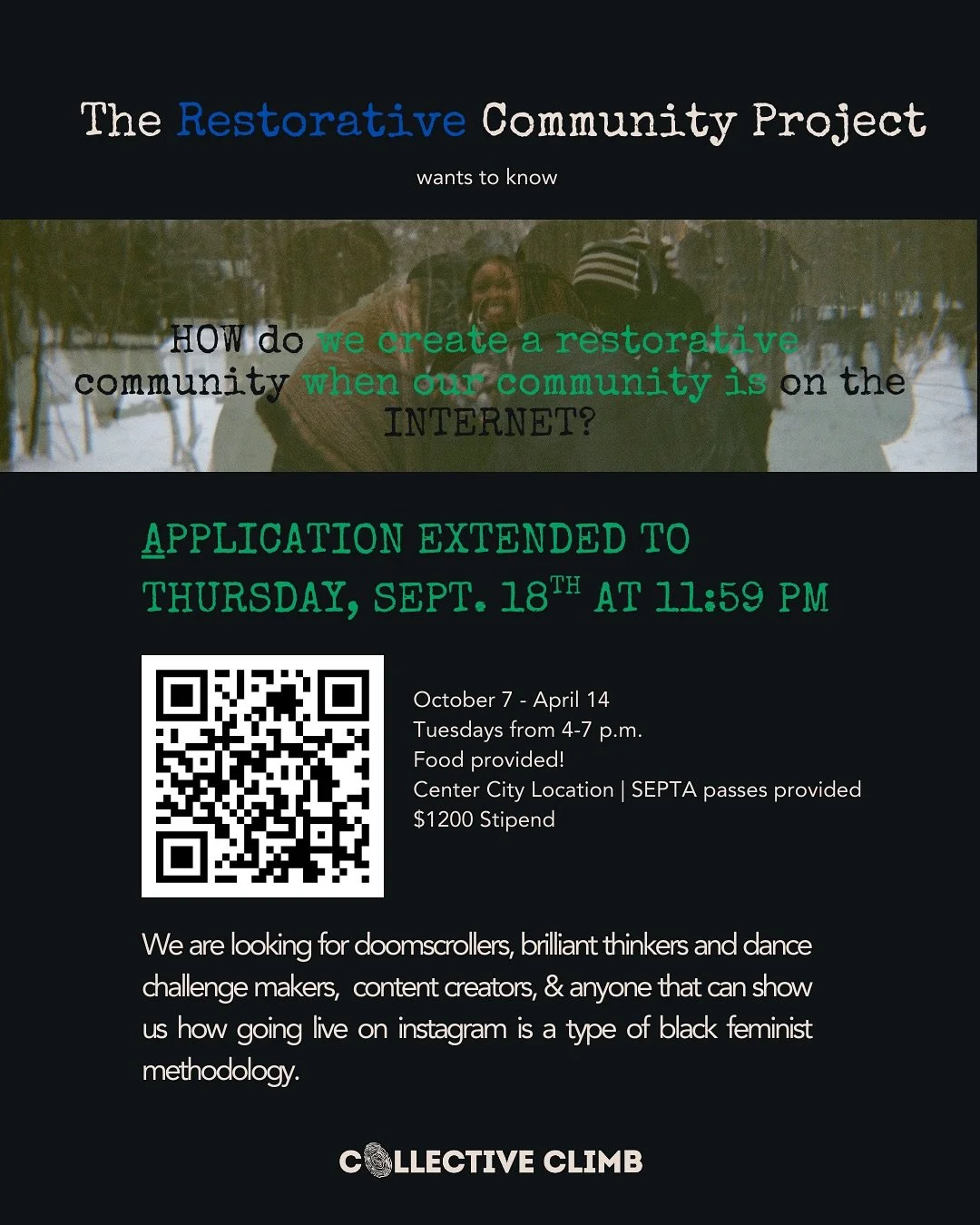 APPLICATION DEADLINE EXTENDED. If you are a BIPOC girl/femme in Philly between 15-19 looking for a community of artists, healers, writers, and organizers, this may be your space. Apply by Thursday night!