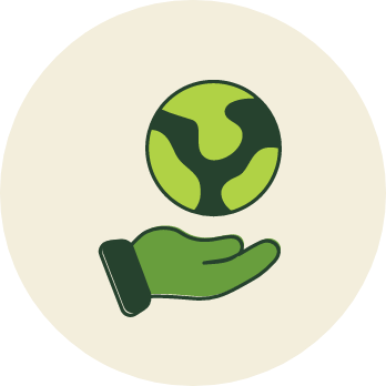 Icon showing a green hand with blue sleeve holding up a blue and green earth