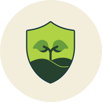 Icon showing green shield with a two-leaved sapling growing from dark blue dirt