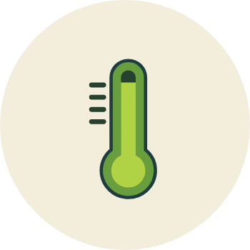 Icon showing a green thermometer with four blue lines on the top left that suggest extreme heat