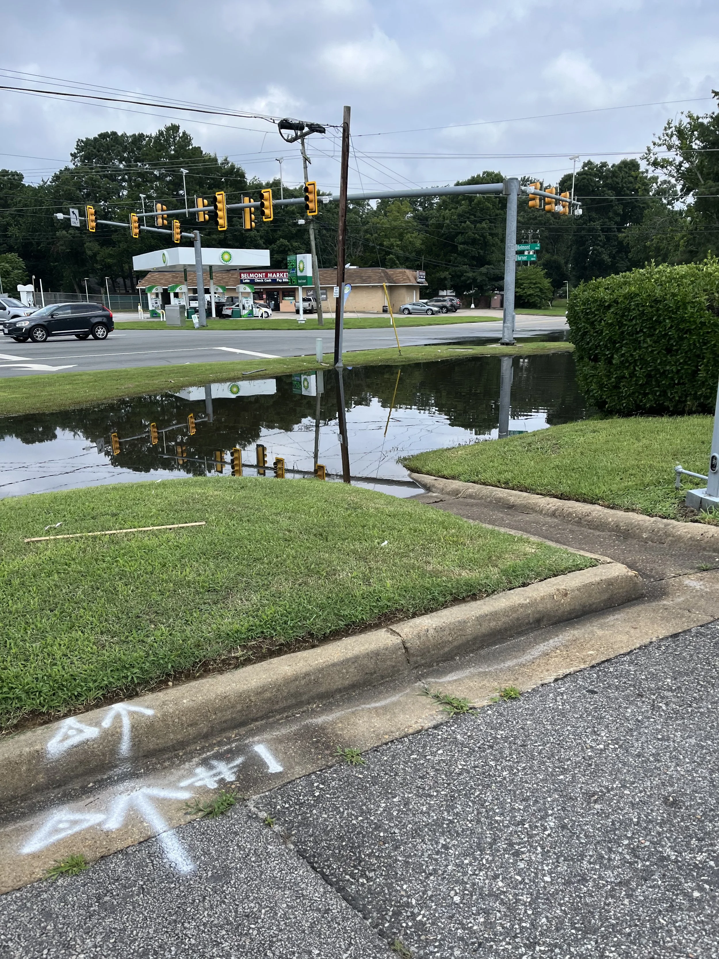 A large puddle of floodwater sits in a grassy ditch beside a busy street. A BP gas station is across the street in the background.