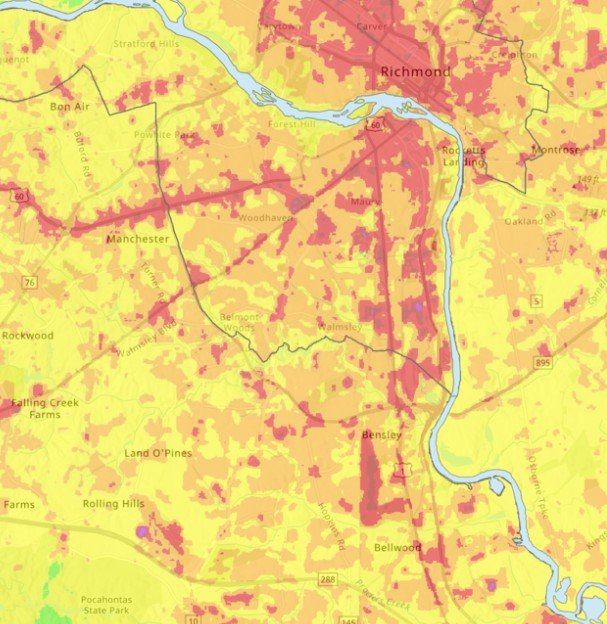A thermal map of Richmond showing the hottest neighborhoods in red.