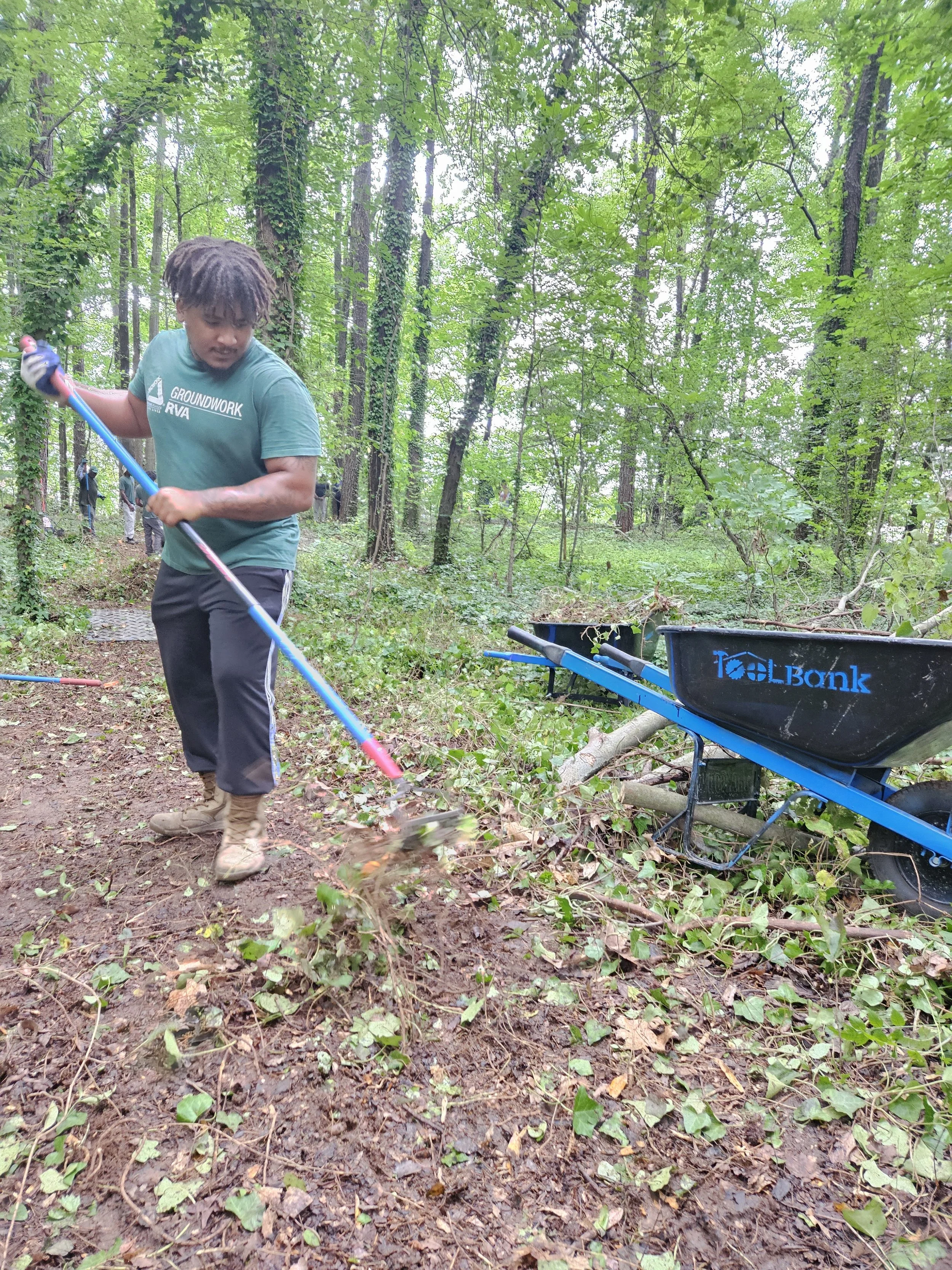 A member of Groundwork RVA's Green Team rakes English ivy vines during a workday at Ernest Road Park.