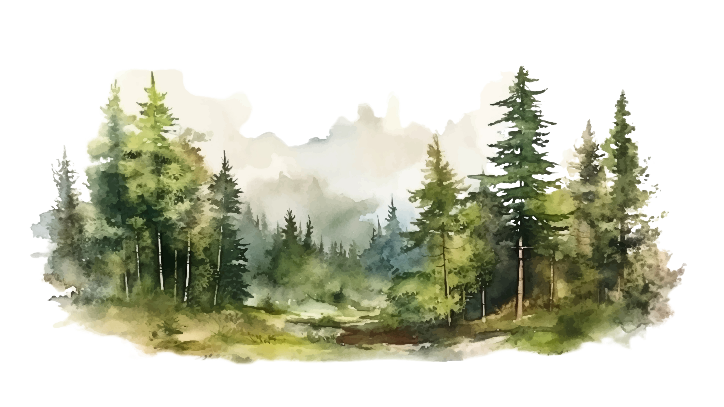 Une peinture aquarelle représentant une forêt de pins avec des montagnes en arrière-plan sous un ciel nuageux.