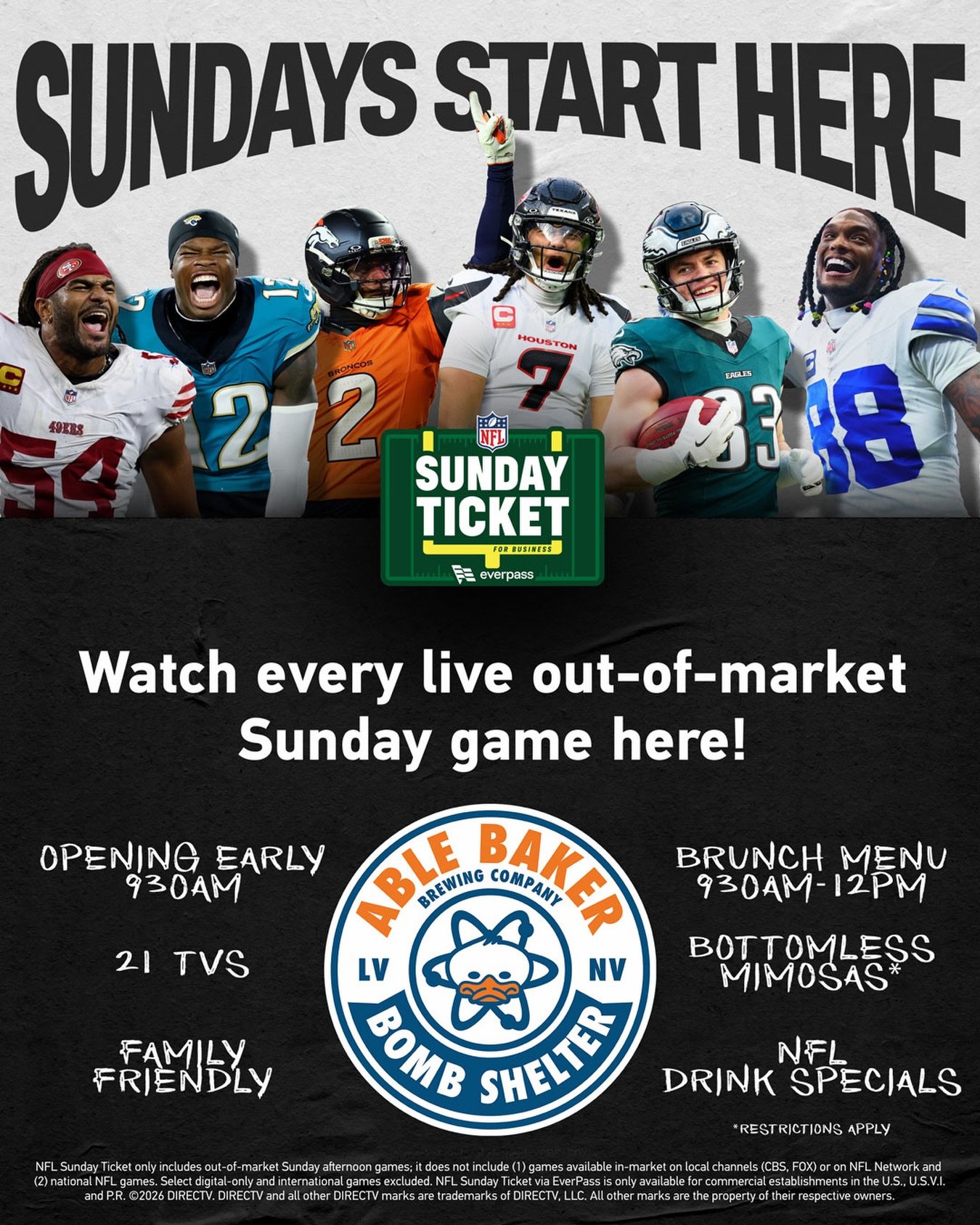 WE&rsquo;VE GOT YOUR TICKET TO NFL SUNDAYS (and Thursdays, and Mondays, and some Saturdays later in the year, and Wednesday now this year, too 🤔)

We&rsquo;ve got the Sunday Ticket&reg;️ and will be showing all of the available NFL games across our 